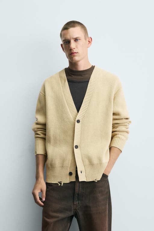 Distressed ribbed cardigan