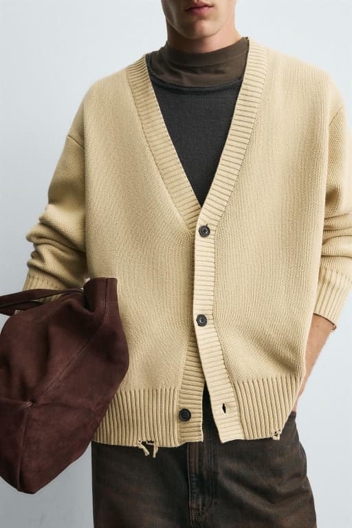 Distressed ribbed cardigan